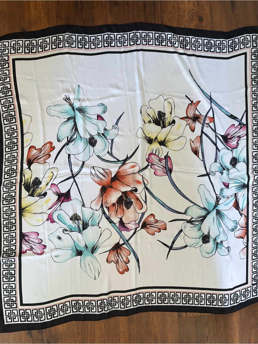 Floral Silk-Feel Square Scarf in White with Pastel Blooms